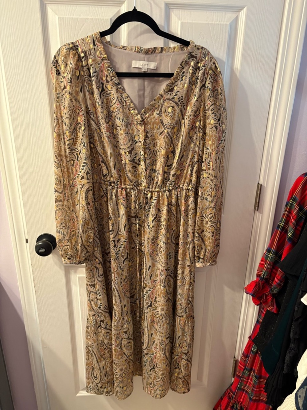 LOFT Beige Paisley Midi Dress with V-Neck